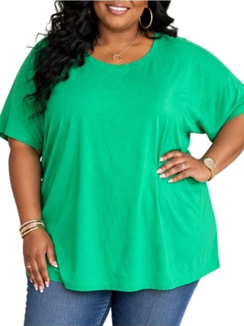 Woman Within Plus Size 3X Top Green Cotton Relaxed Fit Short-Sleeve Tee Casual